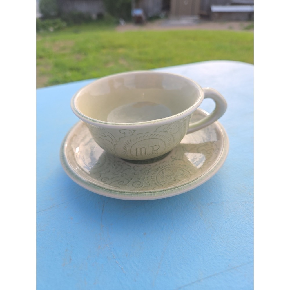 Vintage Asian Crackle Glazed Green Celadon Tea Cup and Saucer Thai Thailand